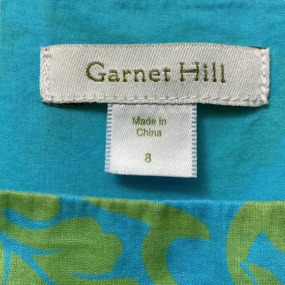 GARNET HILL Cotton Dress Size 8 Green Blue Boho Preppy Print Sleeveless Sash Tie - Picture 4 of 13